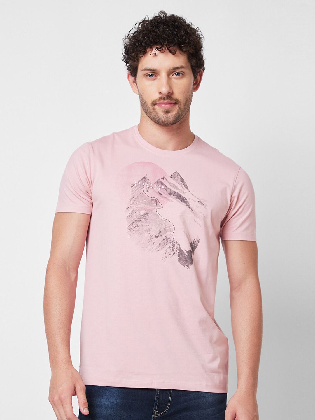 SPYKAR Round Neck Short Sleeves Printed Slim Fit Cotton T-shirt