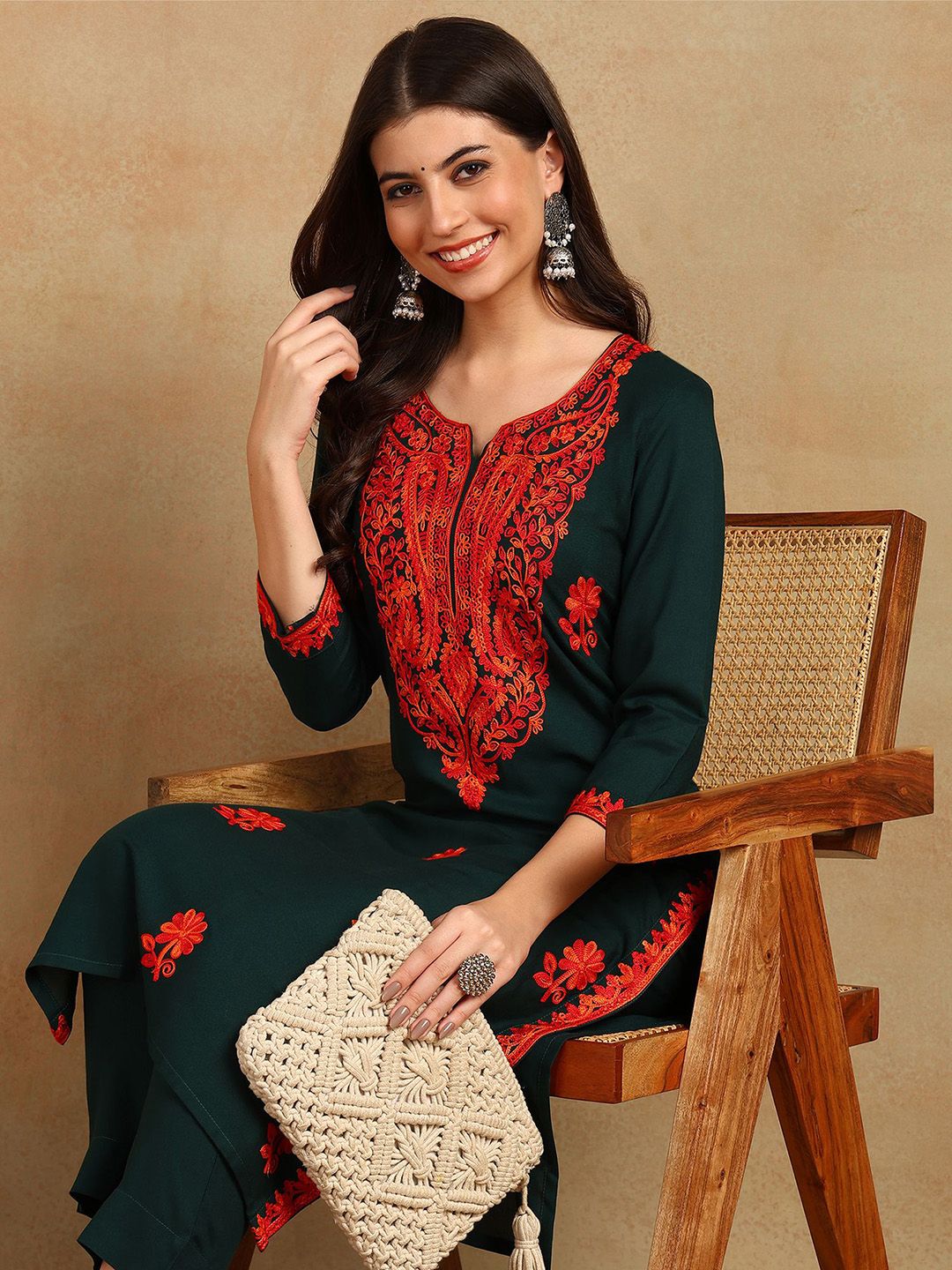 KALINI Floral Embroidered Thread Work Straight Kurta