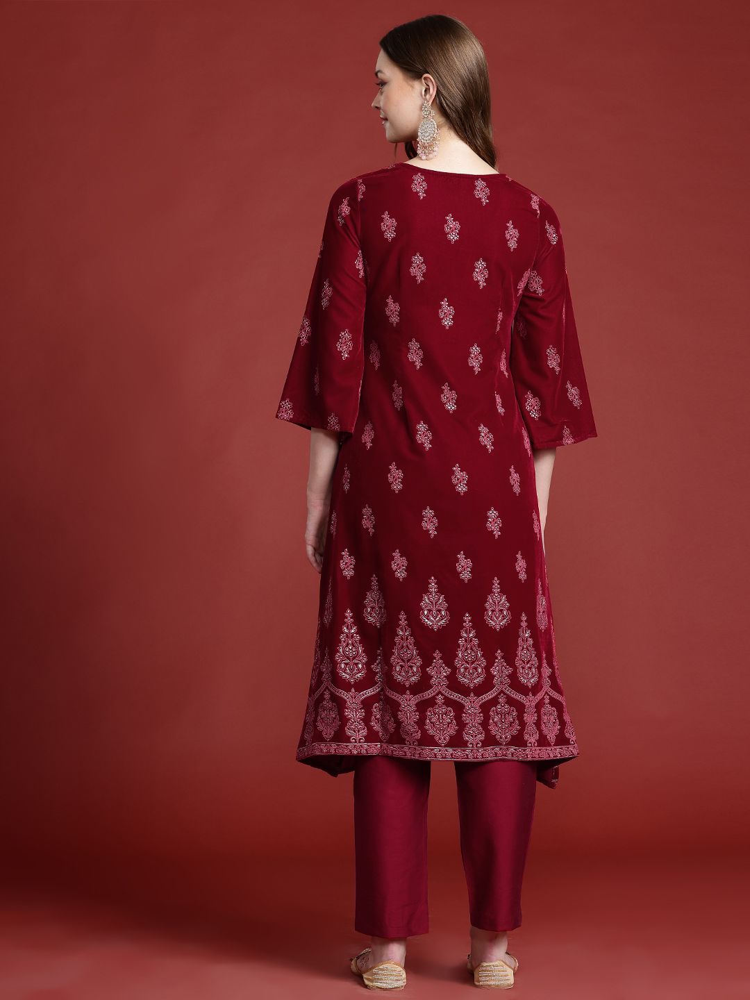 Anouk Ethnic Print Velvet-Finish Regular Kurti with Trouser