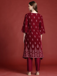 Anouk Ethnic Print Velvet-Finish Regular Kurti with Trouser