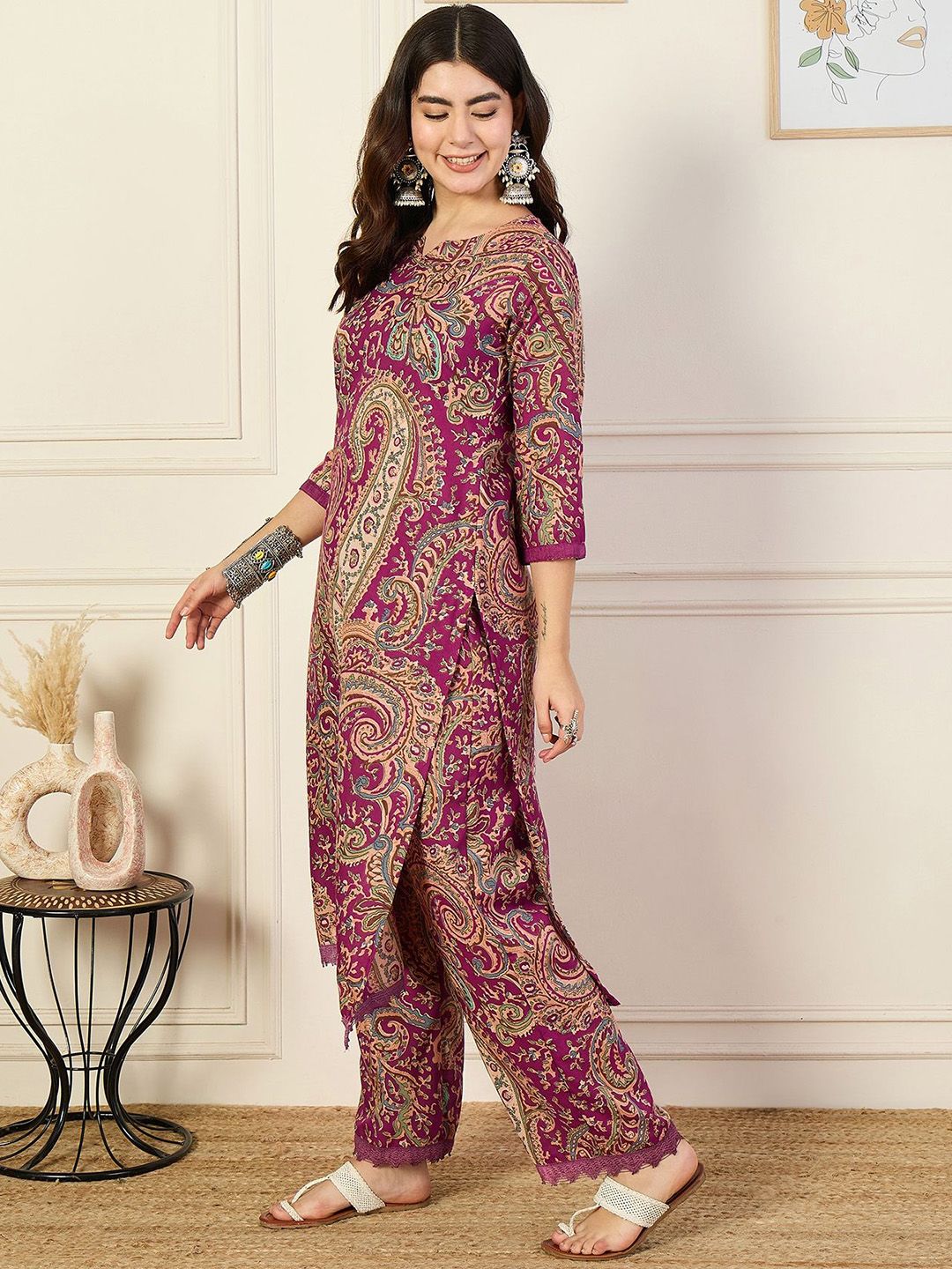 KALINI Notch Neck Paisley Printed Straight Kurta with Trousers