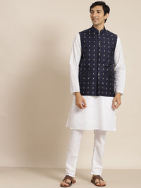 SOJANYA Men White Ethnic Motifs Chikankari Pure Cotton Kurta with Churidar & Nehru Jacket