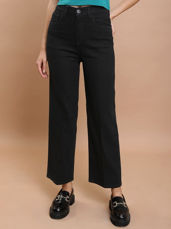 Basics By Tokyo Talkies Women Flared Mid-Rise Clean Look Straight Fit Stretchable Jeans
