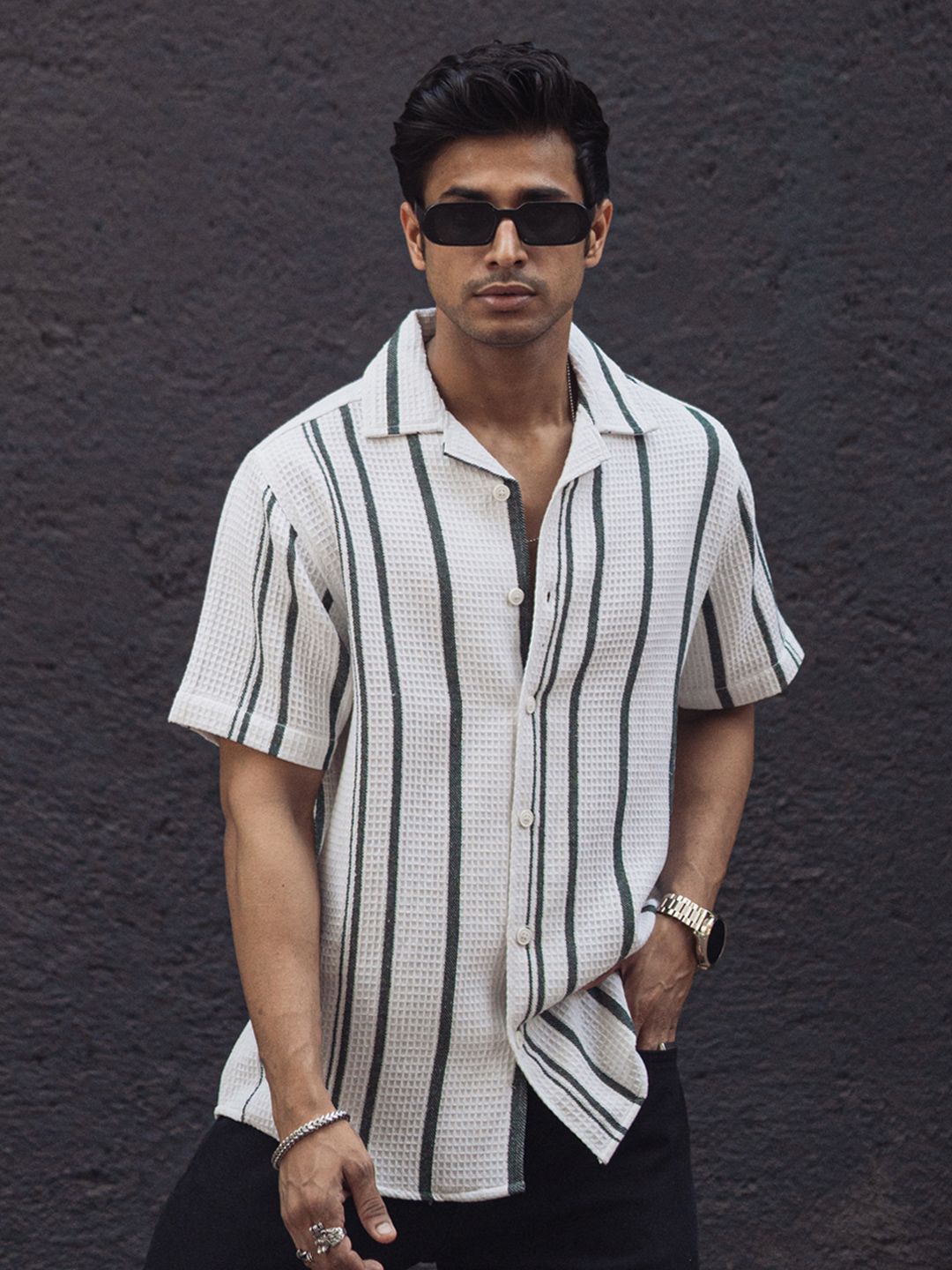 Powerlook Men Multi Stripes Opaque Striped Casual Shirt 02-1039020-S-White and Green