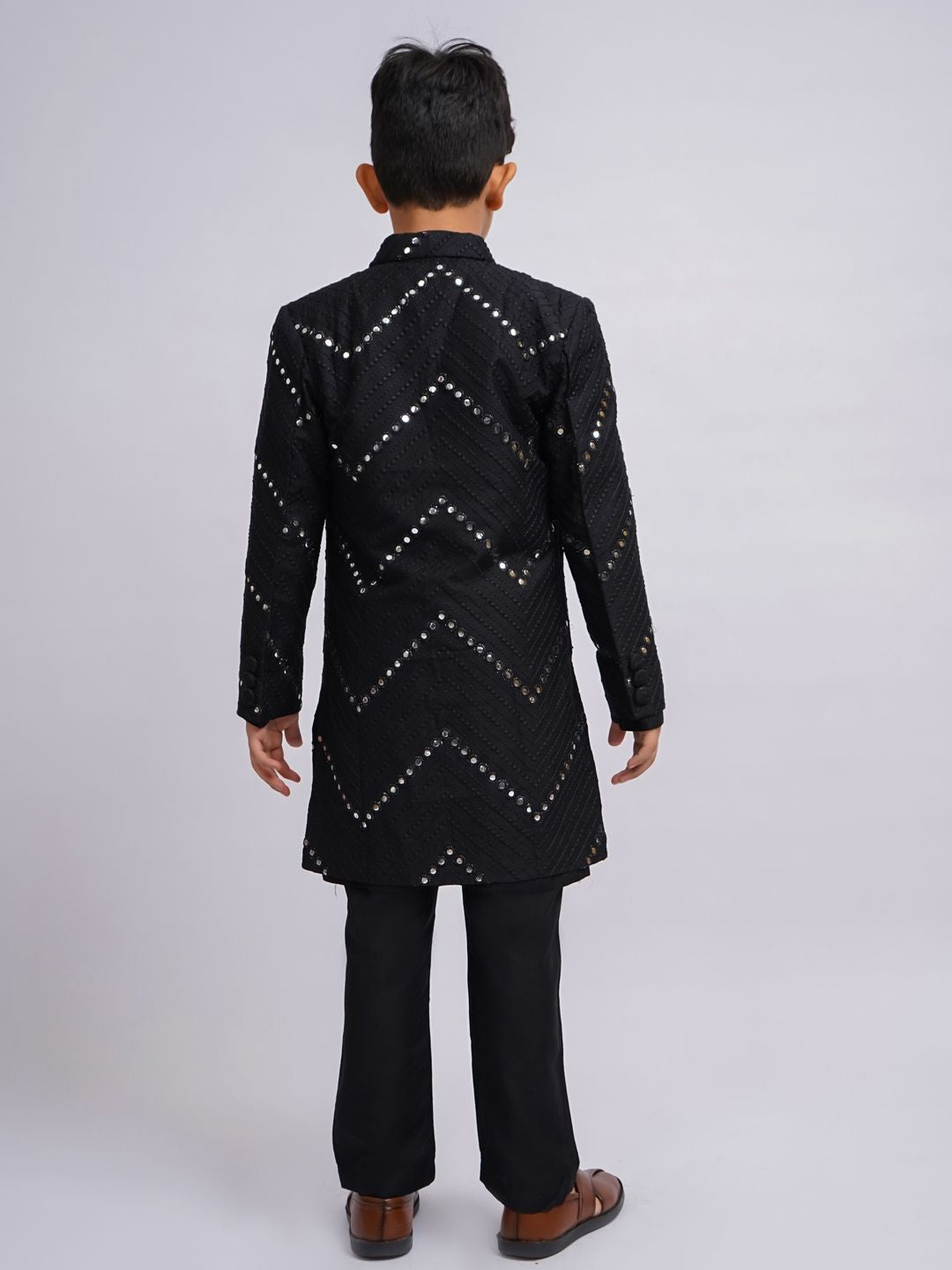 VASTRAMAY Boys Mirror Work Sherwani Over Kurta Pyjama