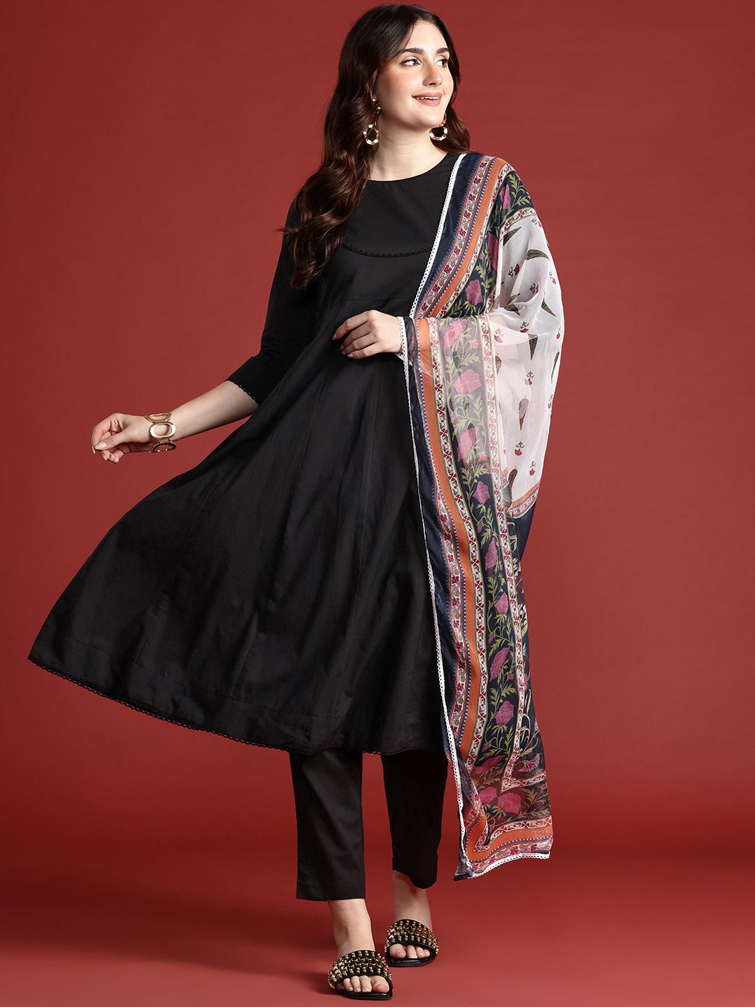 Anouk Panelled Kurta with Trousers & Dupatta