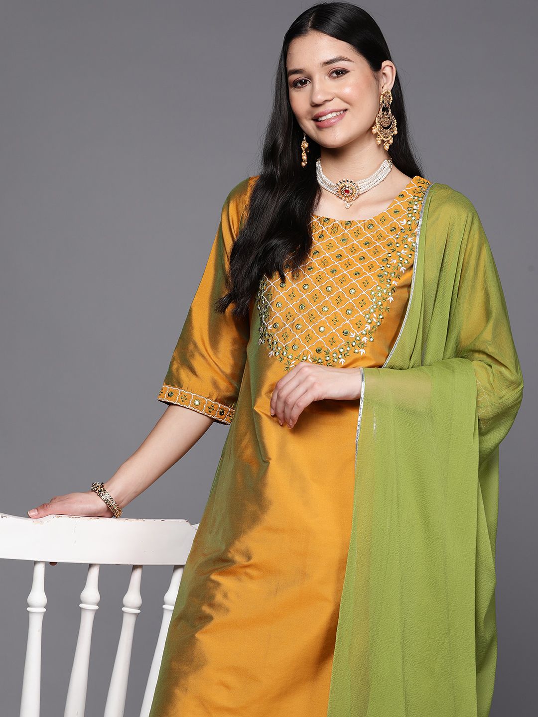 Libas Women Mustard Yellow Floral Yoke Design Mirror Work Kurta with Trousers & With Dupatta