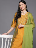 Libas Women Mustard Yellow Floral Yoke Design Mirror Work Kurta with Trousers & With Dupatta