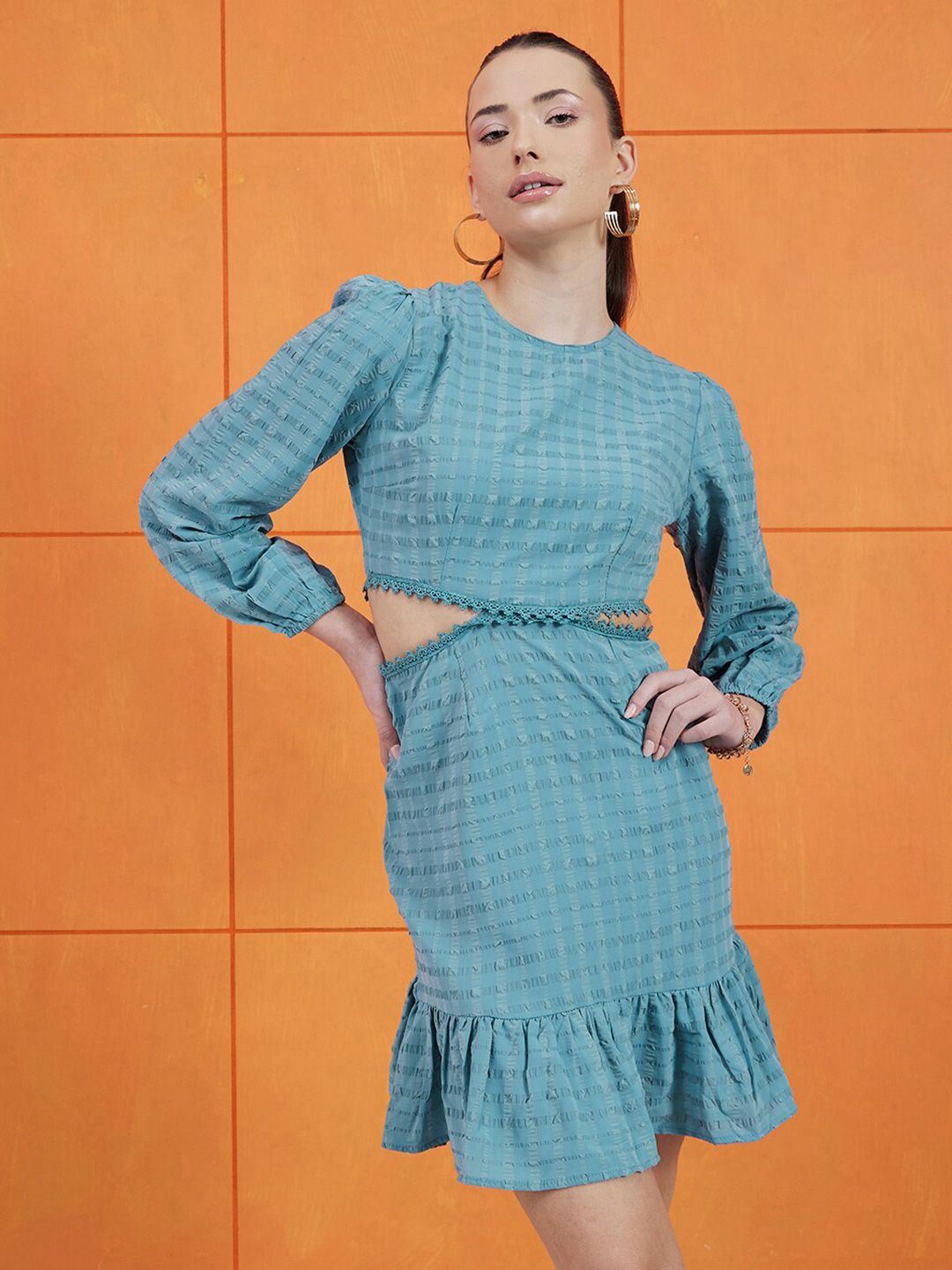 STREET 9 Self Design Round Neck Puff Sleeves Cut-Outs A-Line Dress