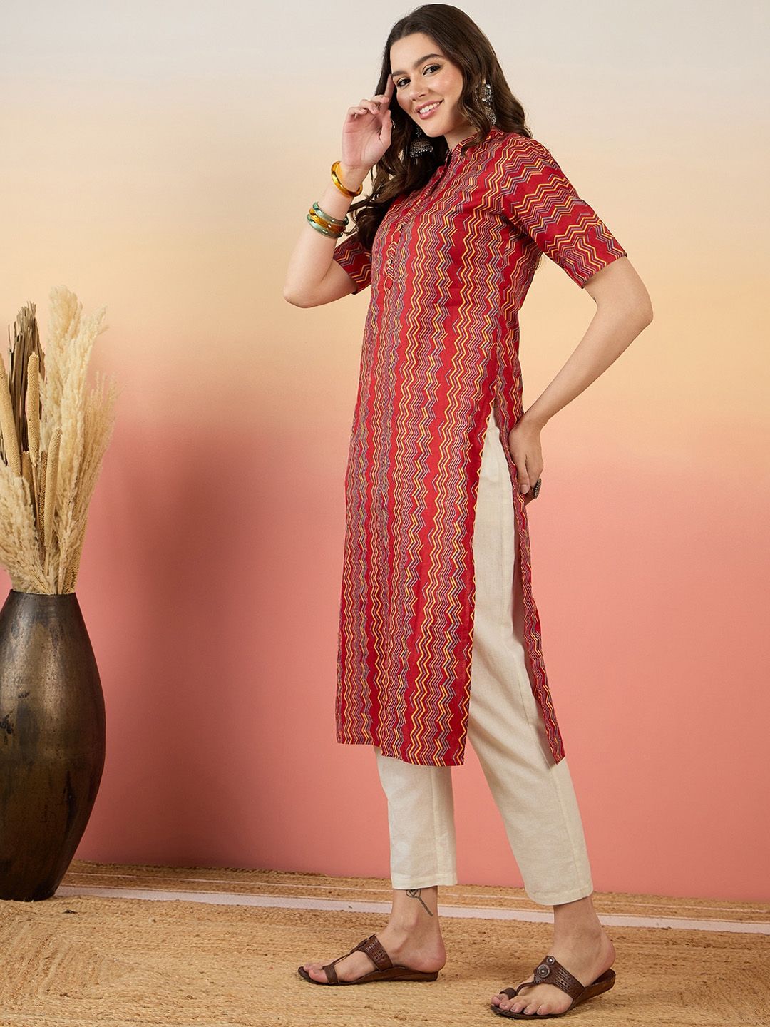 Anouk Red Chevron Printed Mandarin Collar Short Sleeves Cotton Kurta