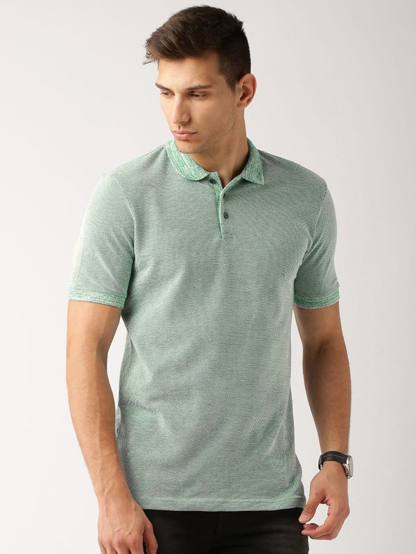 ether Men Green  White Self Design Slim Fit Polo Collar Pure Cotton T-shirt