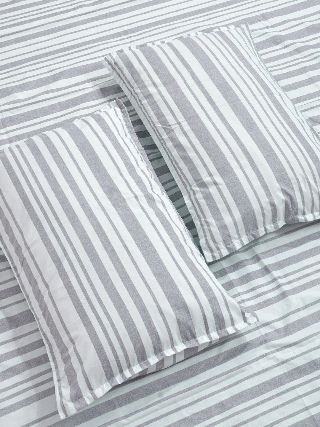 Moda Rapido X KLOTTHE Grey & White Striped 300 TC King Bedsheet with 2 Pillow Covers
