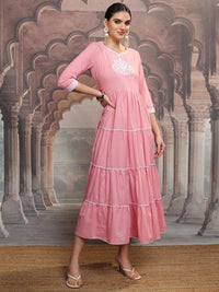Vishudh Pink Floral Embroidered Tiered Cotton Fit and Flare Midi Dress With Shrug
