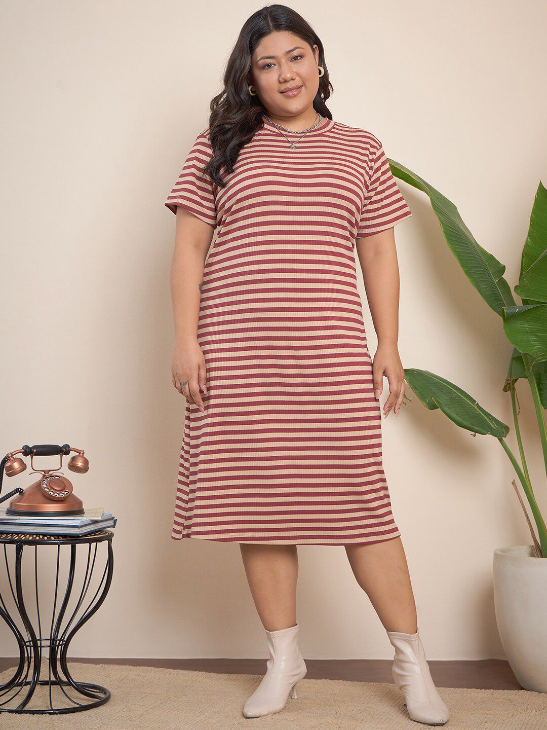 Curvy Street Brown Plus Size Striped Midi T-Shirt Dress