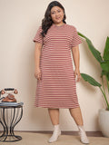 Curvy Street Brown Plus Size Striped Midi T-Shirt Dress