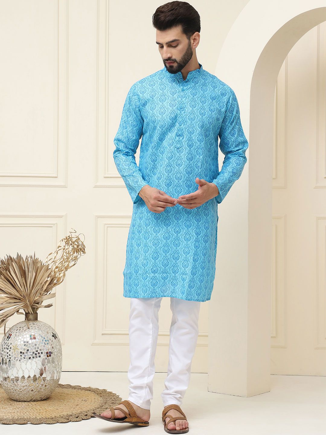SOJANYA Motif Etnik Printed Band Collar Leher Lengan Panjang Kurta Kapas Tulen