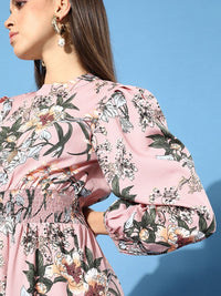 Berrylush Women Pretty Pink Floral Cinched Waist Dress