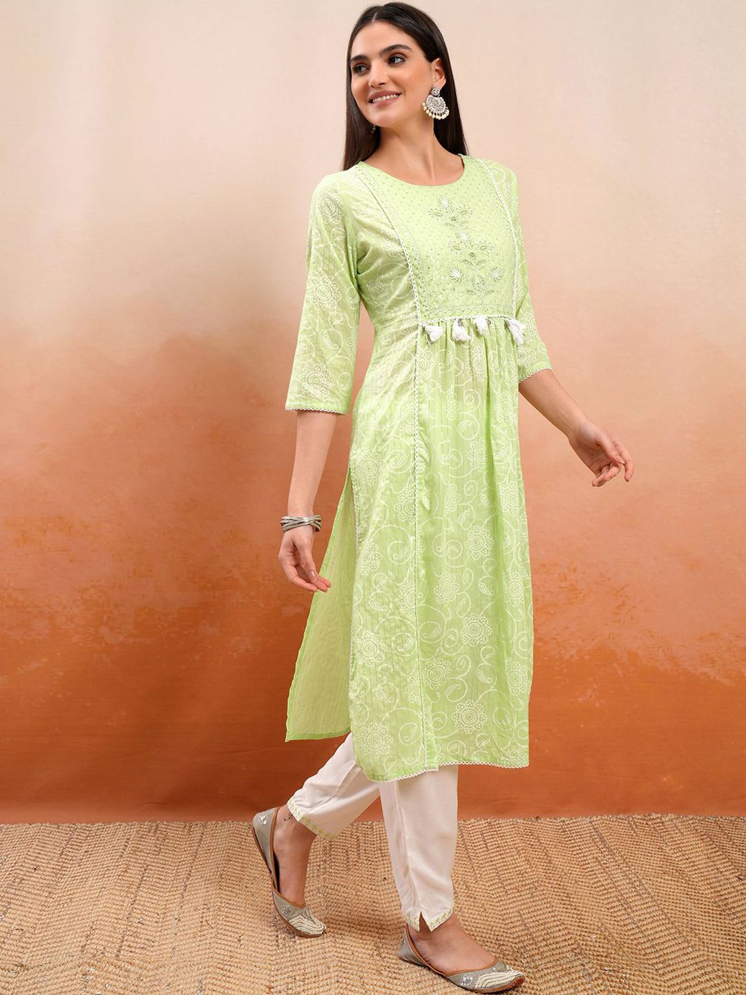 Vishudh Green Floral Printed Thread Work Pure Cotton A-Line Kurta With Trousers & Dupatta