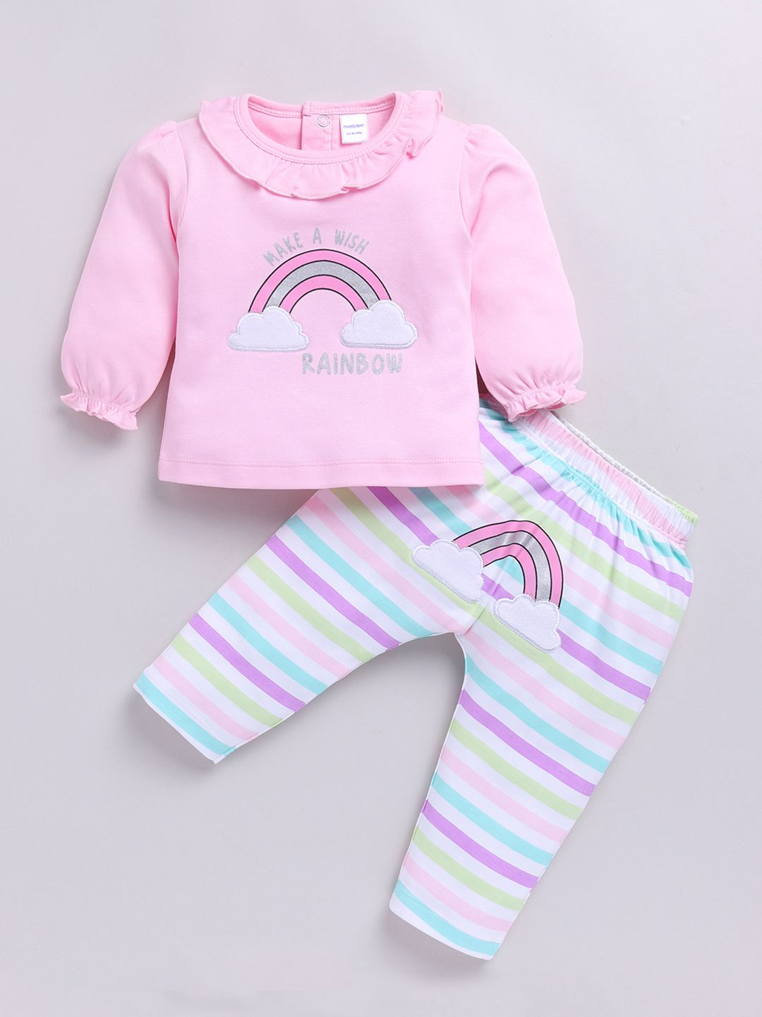 Moms Love Infant Girls Pure Cotton Printed Puffed Sleeves Top with Trousers
