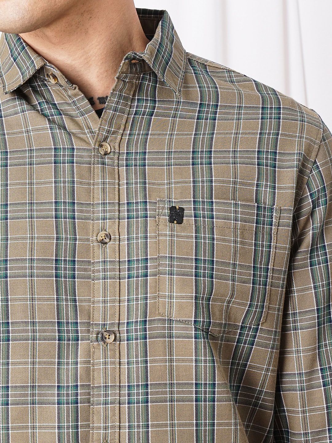 The Indian Garage Co Men Brown & Green Checked Pure Cotton Casual Shirt