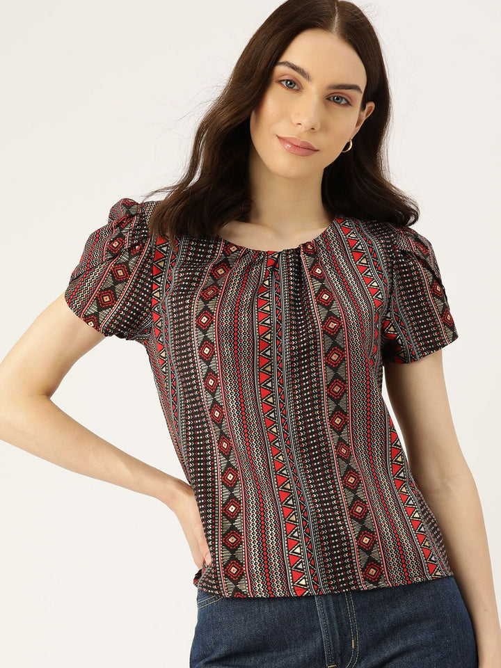 DressBerry Geometric Print Puff Sleeves Top