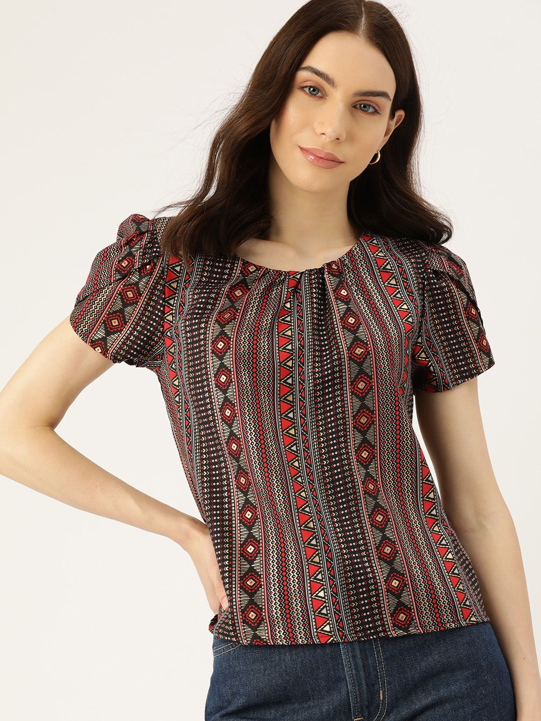 DressBerry Geometric Print Puff Sleeves Top