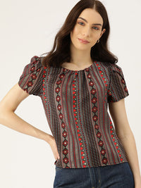 DressBerry Geometric Print Puff Sleeves Top