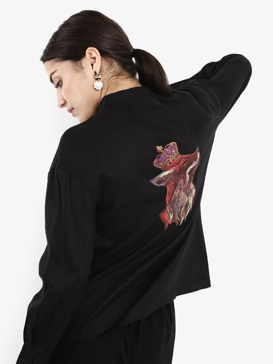 RAREISM Women Graphic Printed Mandarin Collar Casual Shirt