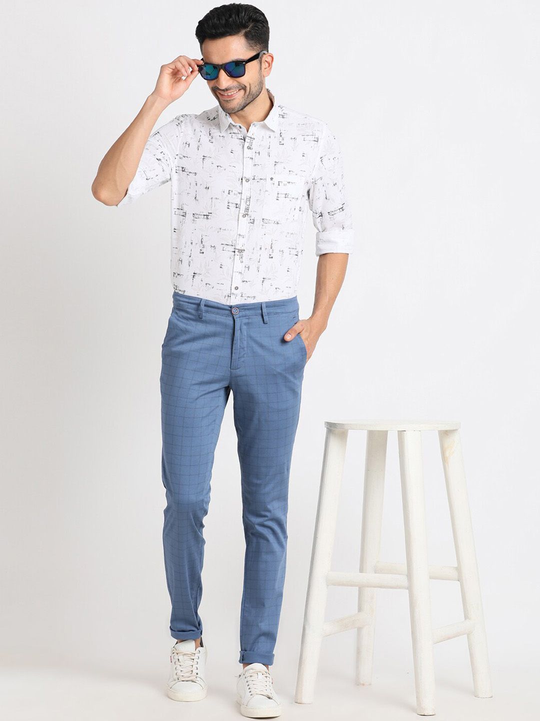Turtle Men Smart Tapered Fit Checked Chinos Trousers