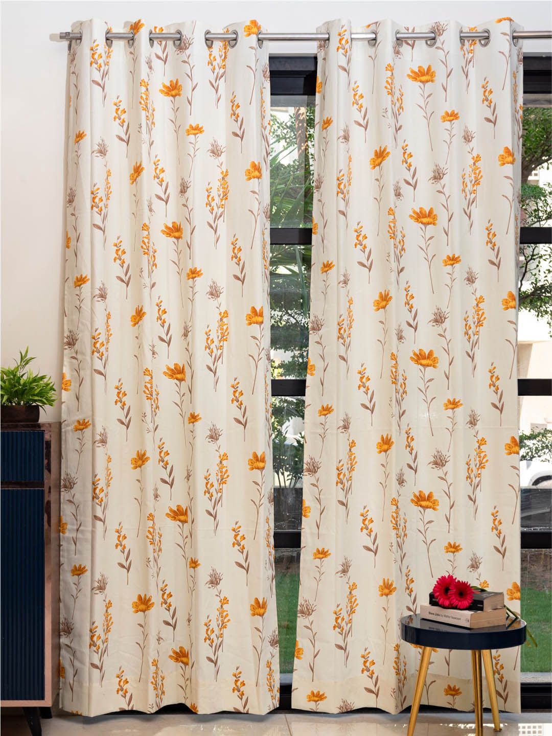 URBAN SPACE White & Yellow 2 Pieces Floral Printed Window Curtains