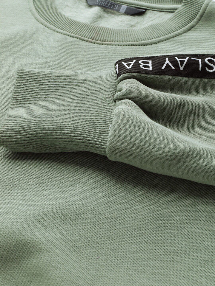 STREET 9 Women Green Solid Crop Sweatshirt With Side Stripes