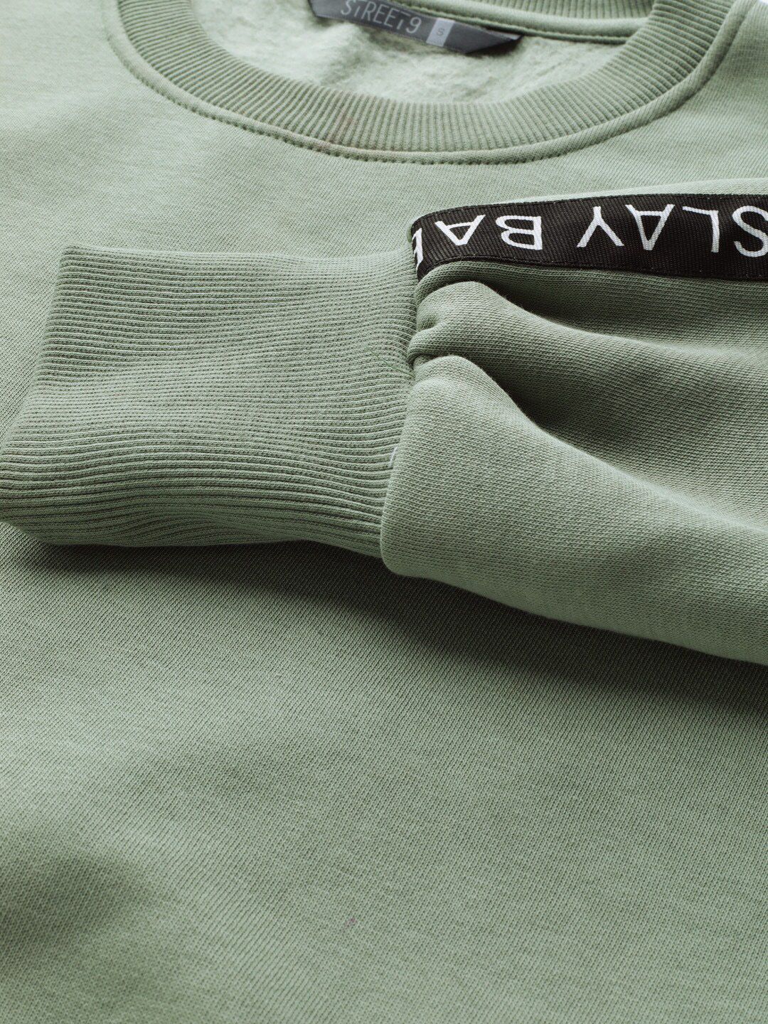 STREET 9 Women Green Solid Crop Sweatshirt With Side Stripes