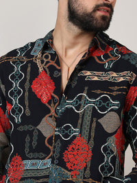 Kampus Sutra Black Classic Ethnic Motifs dicetak baju kasual kolar