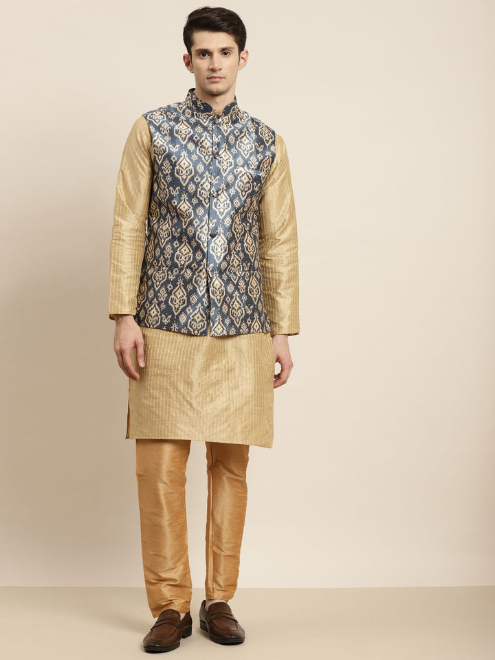 SOJANYA Kurta Emas & Biru Lelaki dengan Jaket Churidar & Nehru