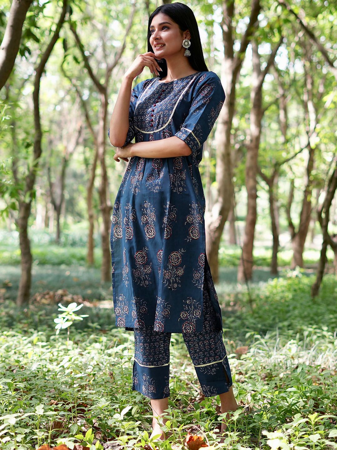 Libas Women Blue Floral Printed Gotta Patti Pure Cotton Kurta with Trousers