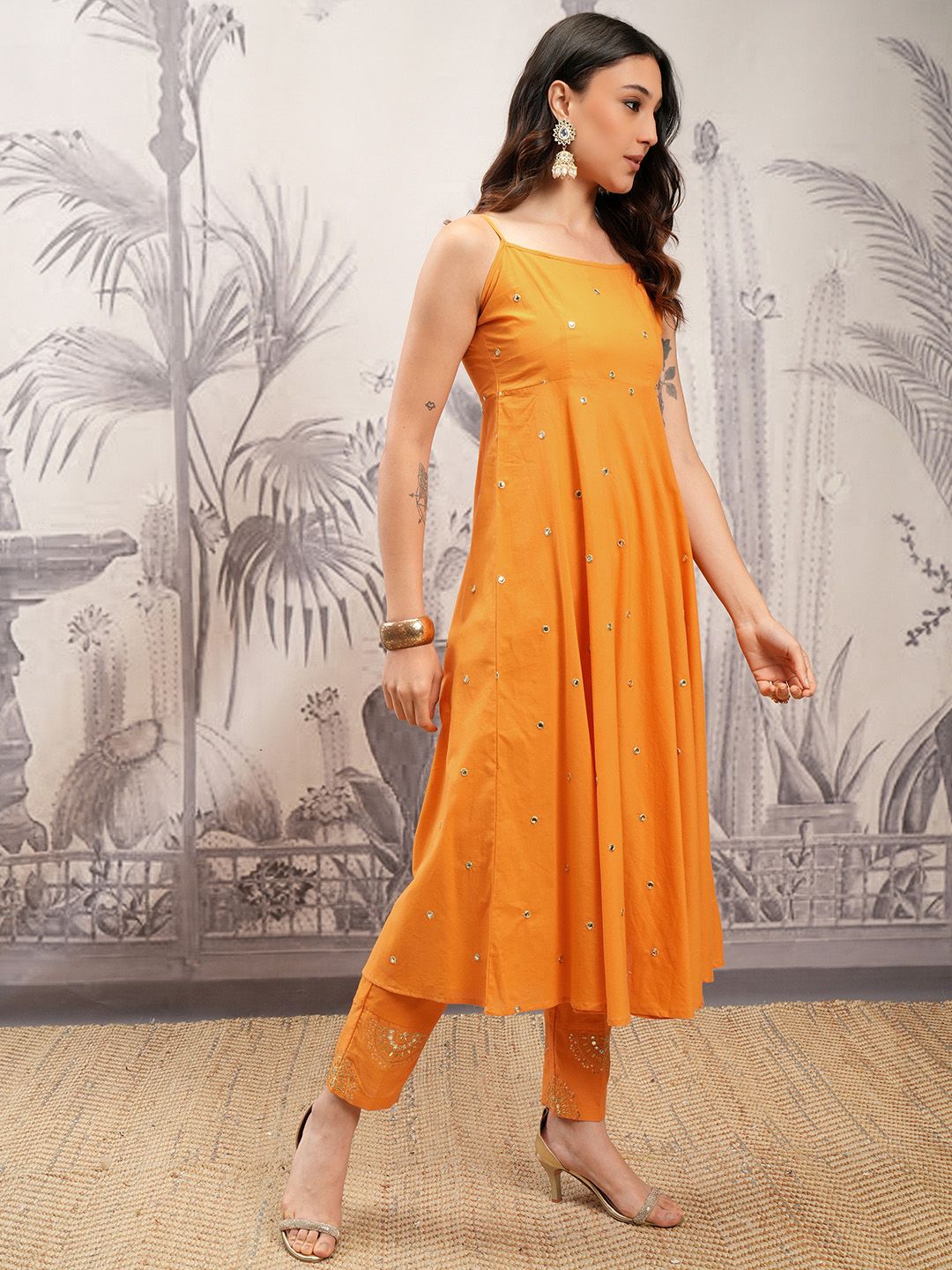 Vishudh Orange & Cream Embroidered Mirror Work Pure Cotton Kurta with Trousers & Dupatta