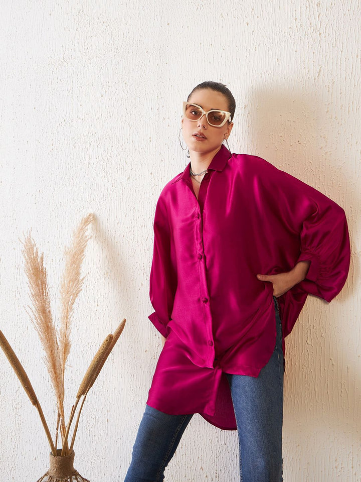 Antheaa Pink Comfort Fit Kimono Sleeves Longline Satin Shirt