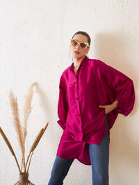 Antheaa Pink Comfort Fit Kimono Sleeves Longline Satin Shirt