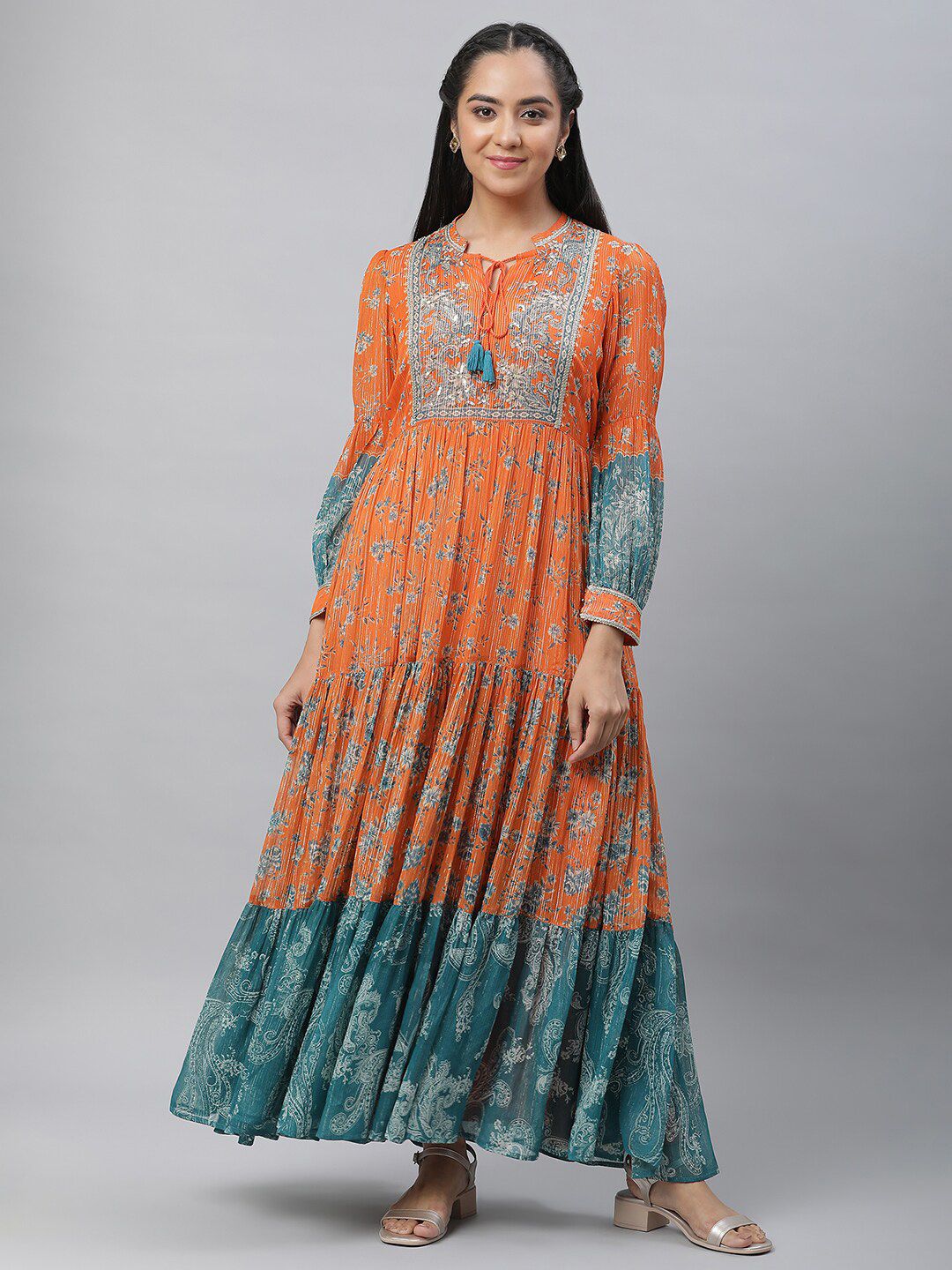 AURELIA Floral Printed Tie-Up Neck Cuffed Sleeves Tiered Detail Georgette Maxi Dress