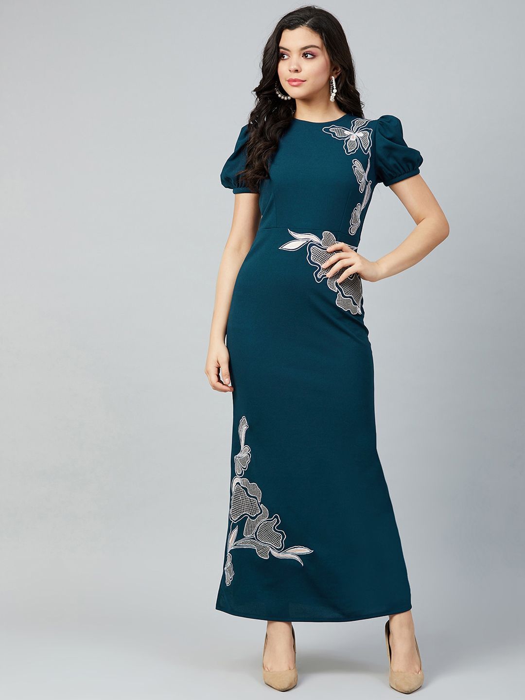 Athena Teal Blue & White Embroidered Maxi Dress