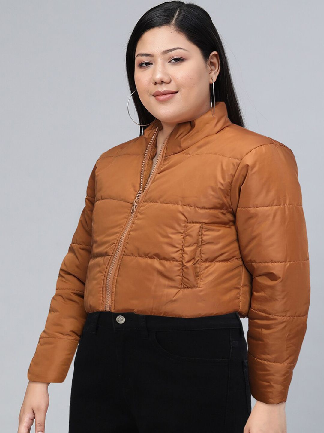 Tokyo Talkies Brown Mock Collar Crop Padded Jacket