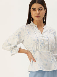 AND White & Blue Tropical Print Mandarin Collar Peplum Top