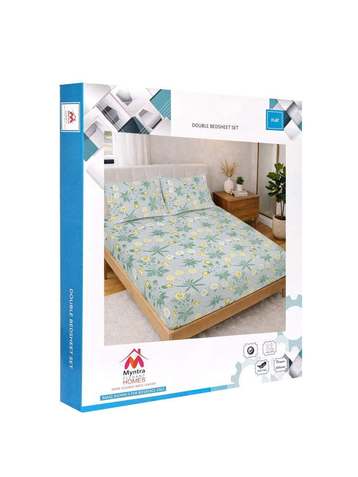 Myntra Elegant Homes Green Floral 300 TC King Double Bedsheet with 2 Pillow Covers
