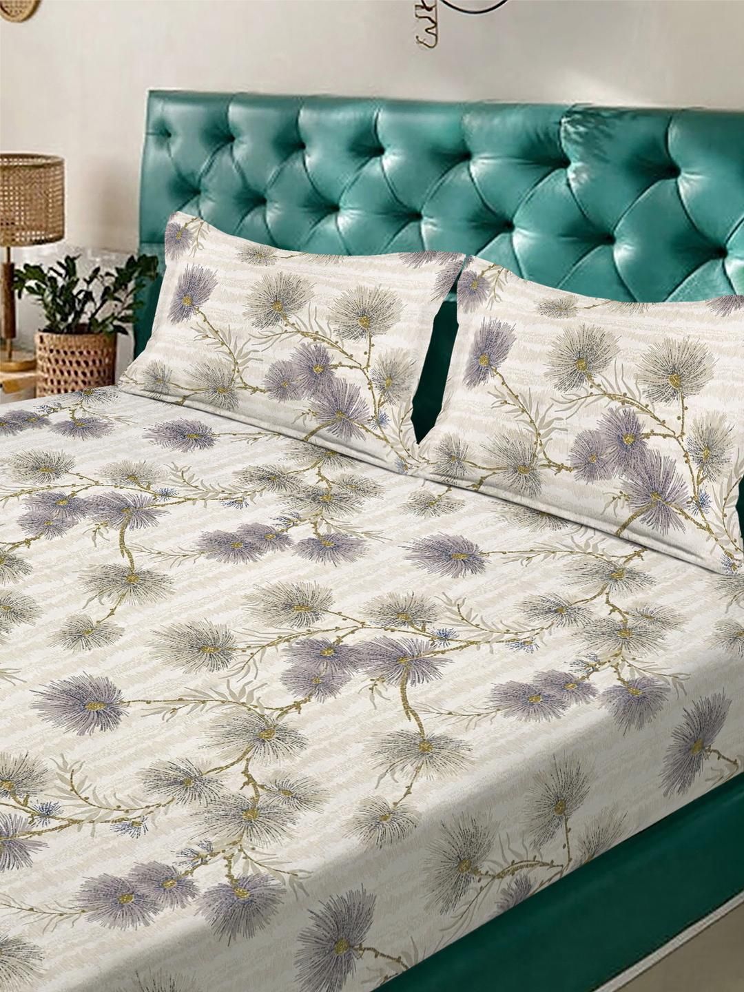 KLOTTHE Beige & Grey Floral 300 TC King Bedsheet with 2 Pillow Covers
