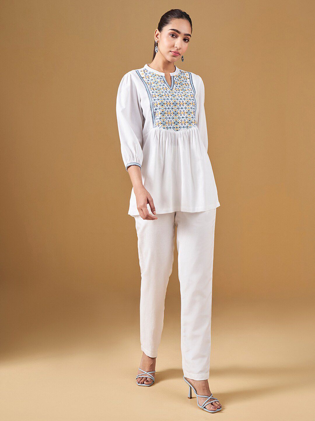 Global Desi Geometric Embroidered Mandarin Collar A-Line Top
