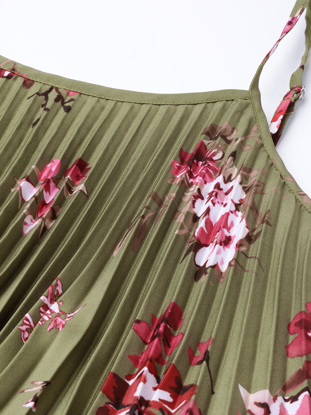 SASSAFRAS Olive Green & Pink Accordion Pleat Printed Maxi Dress