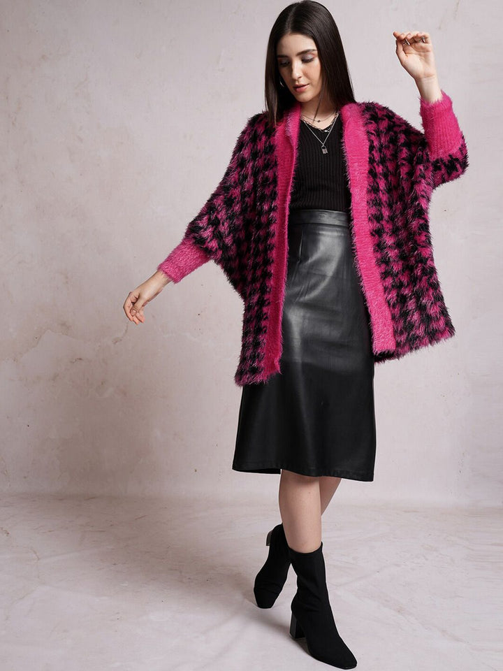 Tokyo Talkies Black Abstract Self Design Longline Front-Open Sweater