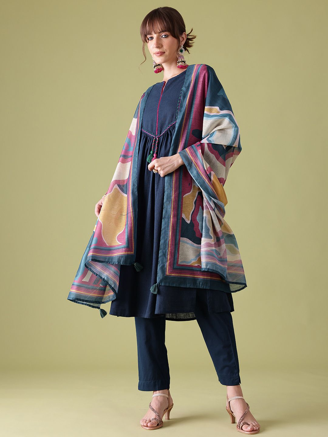Anouk Pleated Pure Cotton Kurta with Trousers & Dupatta