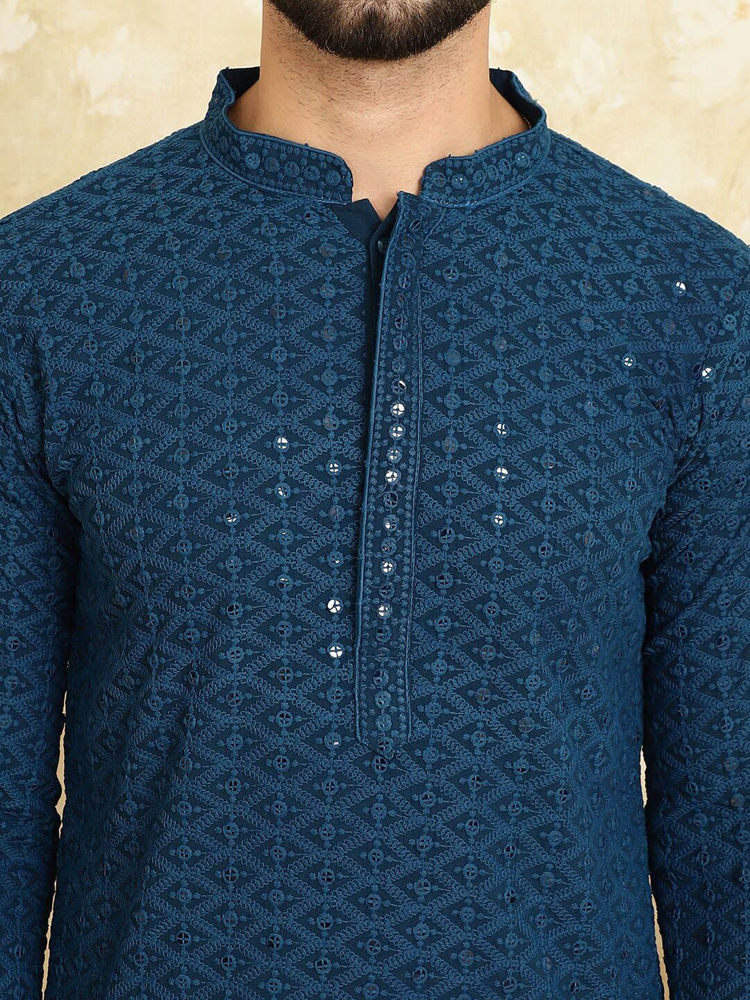 SOJANYA Embroidered Sequinned Mandarin Collar Pure Cotton Kurta