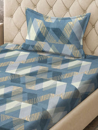 KLOTTHE Turquoise Blue & White Printed 300TC Fitted Single Bedsheet & Pillow Cover